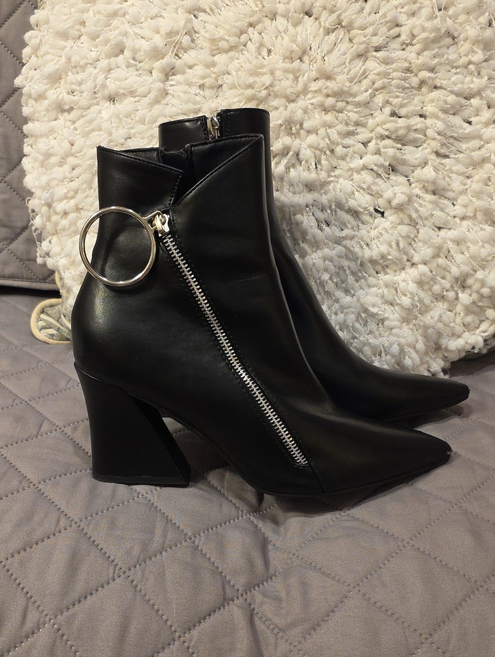 Ninety Union Classic Black Pointed Ankle Booties with Silver Zip Ring Accent